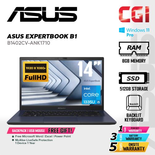 Asus 14" ExpertBook B1402CVA Laptop i5-1335U 8G 512GB FHD TN Win11Pro 5Y Onsite - B1402CV-ANK1710