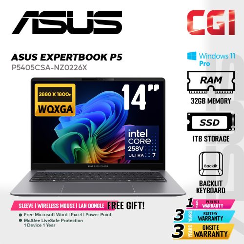Asus 14" ExpertBook P5 P5405 Laptop Intel U7 258V Intel Arc Graphics 32GB DDR5 1TB WQXGA IPS Win11Pro 3Y Onsite - P5405CSA-NZ0226X