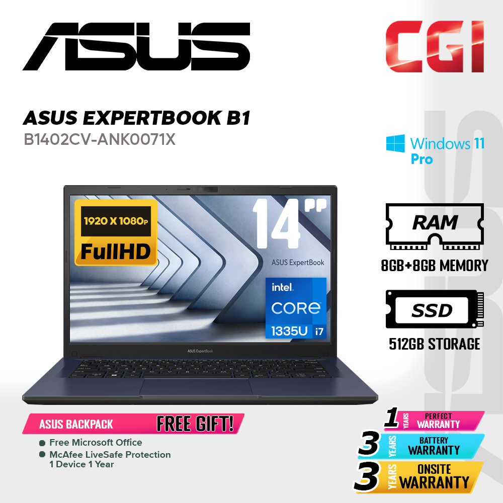 Asus 14" Expertbook B1 B1402CVA Laptop Intel i7-1355U 16GB 512GB FHD Win11Pro 3Y Onsite - B1402CV-ANK0071X
