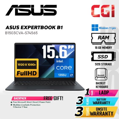Asus 15.6" Expertbook B1 B1503 i7-1335U 16GB 512GB FHD Win11Pro 3Y Onsite - B1503CVA-S74565