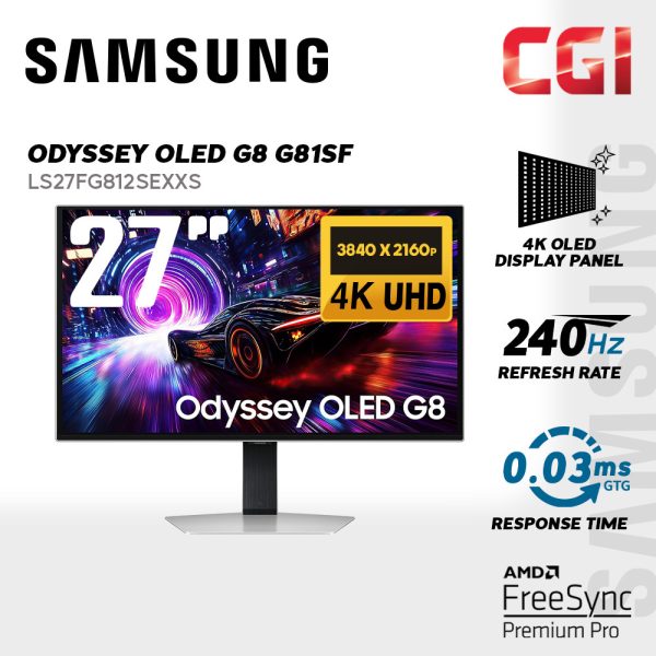 Samsung 27" Odyssey QD-OLED G8 LS27FG812SEXXS 4K HDR10+ Freesync Premium Pro 240Hz 0.03ms Ergonomic Gaming Monitor