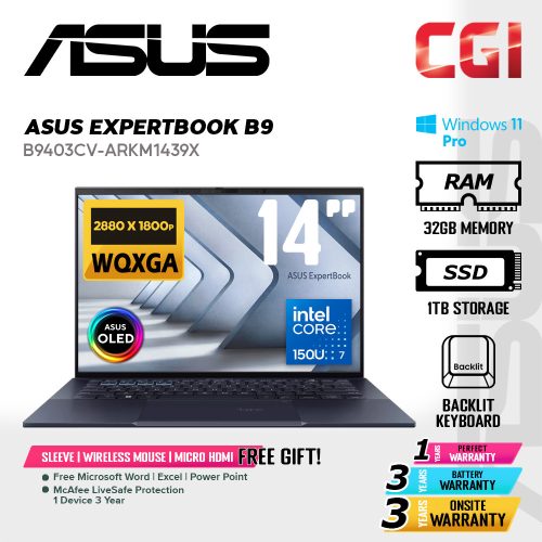 Asus 14" ExpertBook B9 B9403 Laptop OLED Intel 7 150U 32GB D5 1TB WQXGA+ OLED Win11Pro 3Y Onsite - B9403CV-ARKM1439X