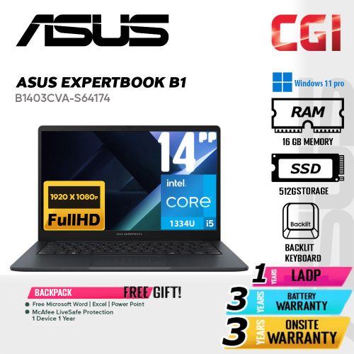 Asus 14" Expertbook B1 B1403CVA Intel i5-1334U 16GB 512GB FHD Win11Pro 3Y Onsite - B1403CVA-S64174