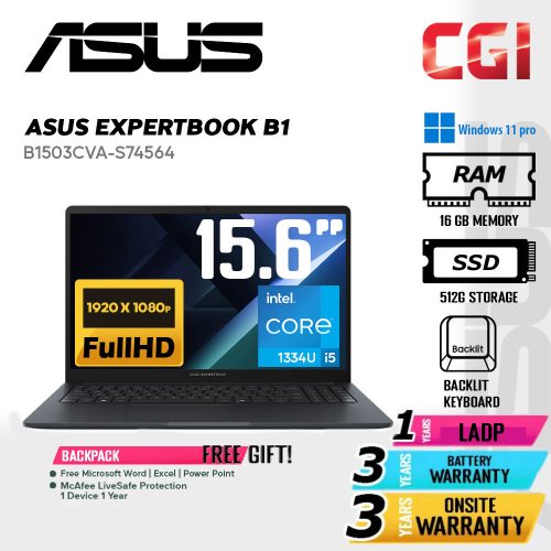 Asus 15.6" Expertbook B1 B1503CVA Laptop i5-1334U 16GB 512GB FHD Win11Pro 3Y Onsite - B1503CVA-S74564