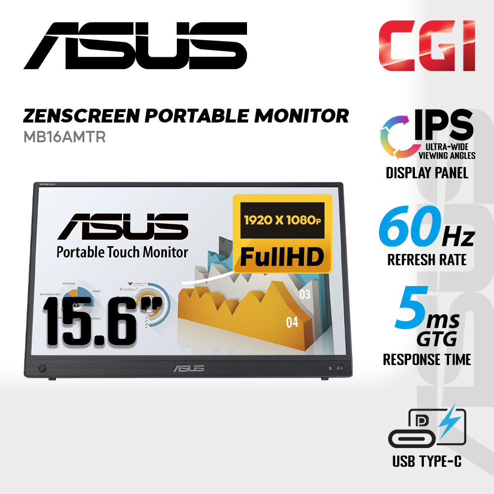 Asus 15.6" MB16AMTR Zenscreen Touch IPS FHD 7800Mah Battery Hybrid-Signal USB-C Ergo Kickstand Portable Monitor