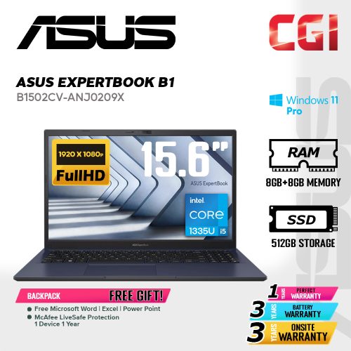 Asus 15.6" ExpertBook B1 B1502 Laptop Intel i5-1335U 16GB 512GB FHD Win11Pro 3Y Onsite - B1502CV-ANJ0209X