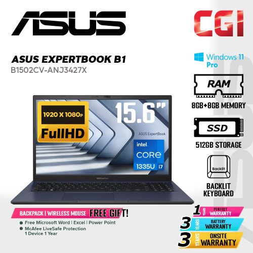 Asus 15.6" ExpertBook B1 B1502CVA Laptop Intel i7-1355U 8G+8G 512G FHD Win11Pro 3Y Onsite - B1502CV-ANJ3427X