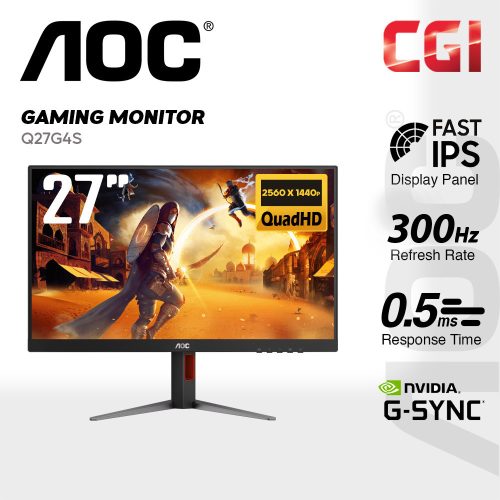 AOC 27" Q27G4S Fast IPS QHD HDR400 G-Sync Compatible 300Hz 0.3ms Ergonomic Gaming Monitor