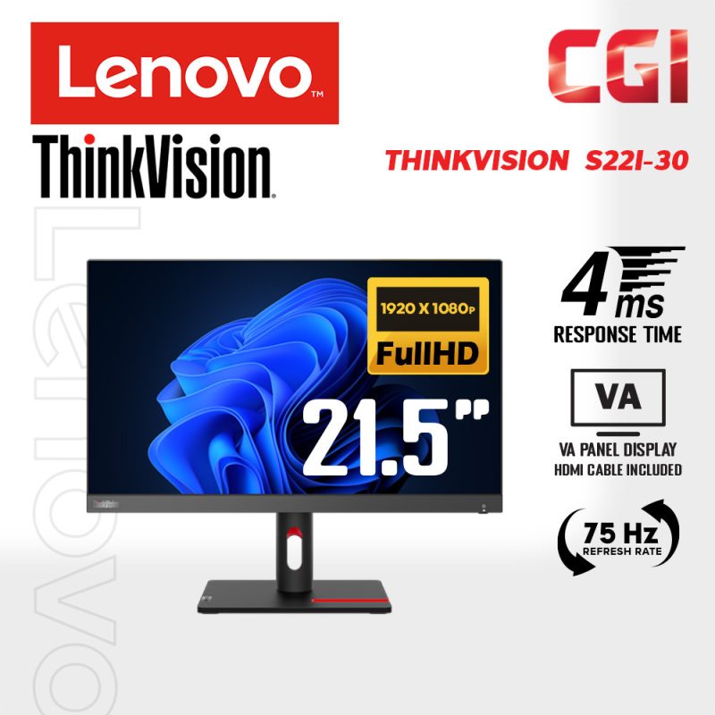 Lenovo 21.5"Thinkvision S22i-30 IPS FHD 75Hz 4ms 3-side NearEdgeless Ultraslim Monitor - 63FCKARBWW