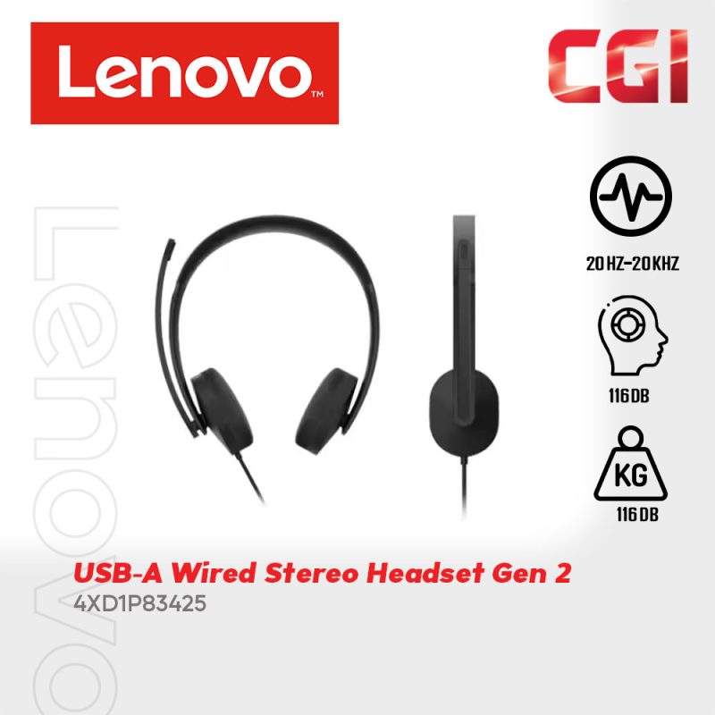 Lenovo USB-A Wired Noise Cancelling Lightweight Stereo Headset Gen 2 - 4XD1P83425
