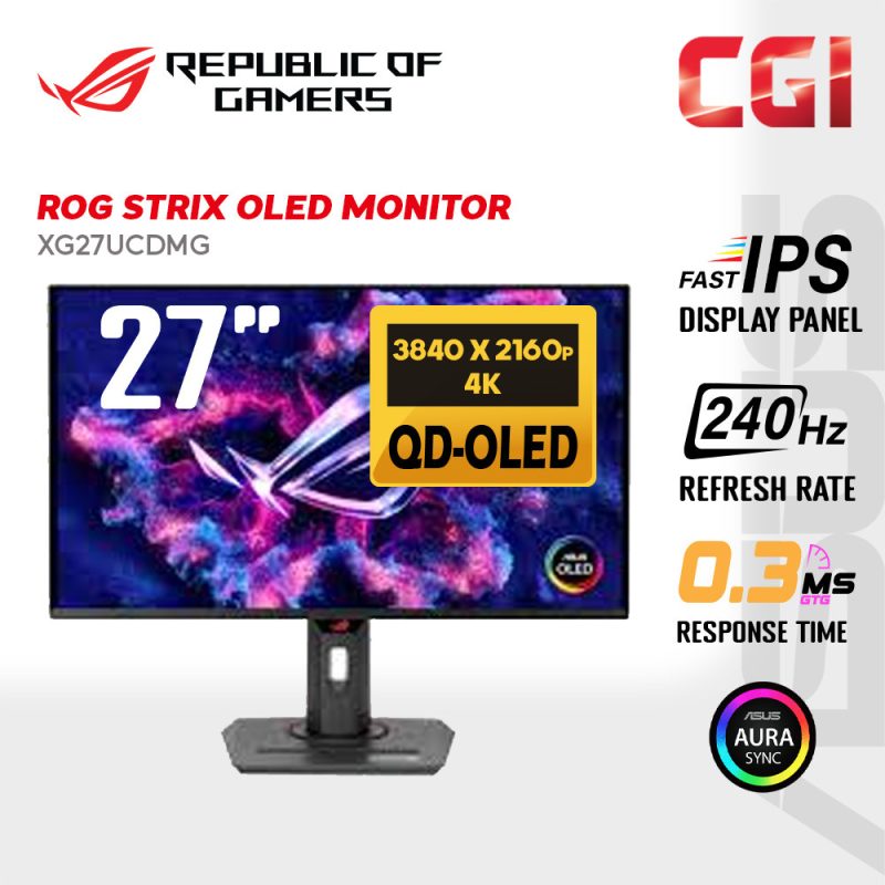 Asus 27" ROG Strix QD-OLED XG27UCDMG 4K Display HDR10 HDR400 10-Bit G-Sync 240Hz 0.3ms USB-C Ergonomic Gaming Monitor