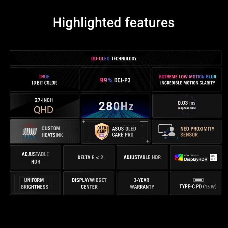 Asus ROG Strix 27" XG27ACDMS QD-OLED 1440P QHD G-Sync Freesync 280Hz 0.03ms DELTA<2 USB-C Tripod Supported Ergonomic Gaming Monitor