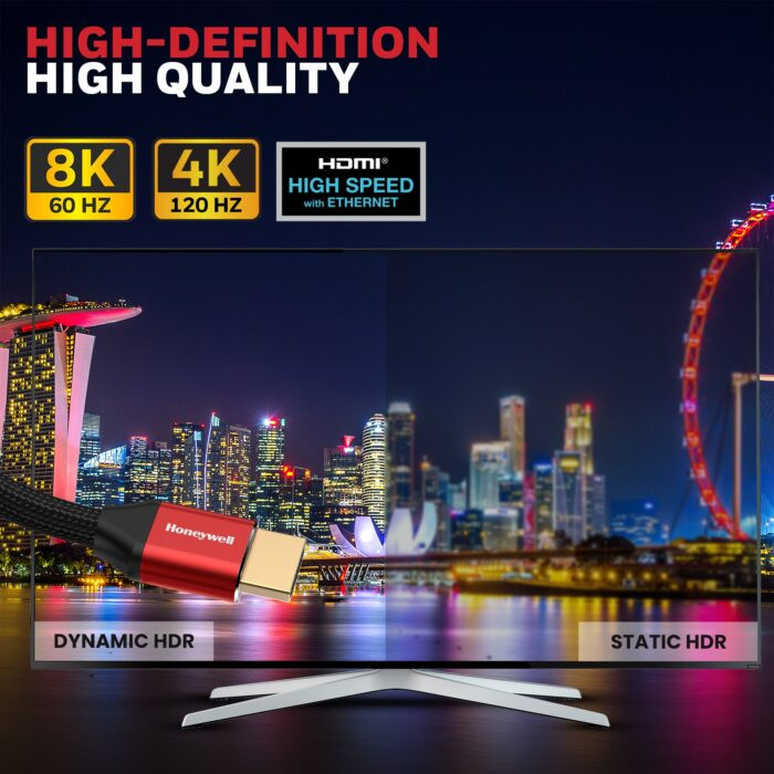 Honeywell HDMI v2.1 Compliant with Ethernet Cable - 1m|2m|3m|5m (HC000020/HDM/1M/RED/V2.1) (HC000014/HDM/3M/RED/V2.1) (HC000013/HDM/2M/RED/V2.1) (HC000021/HDM/5M/RED/V2.1)