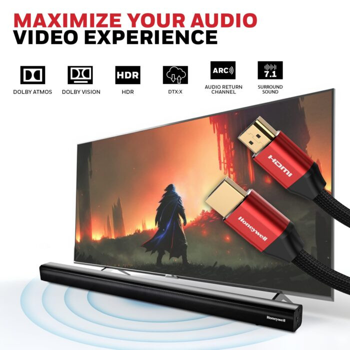 Honeywell HDMI v2.1 Compliant with Ethernet Cable - 1m|2m|3m|5m (HC000020/HDM/1M/RED/V2.1) (HC000014/HDM/3M/RED/V2.1) (HC000013/HDM/2M/RED/V2.1) (HC000021/HDM/5M/RED/V2.1)