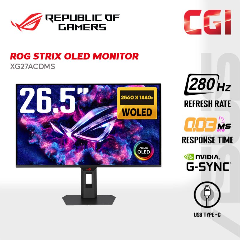 Asus ROG Strix 27" XG27ACDMS QD-OLED 1440P QHD G-Sync Freesync 280Hz 0.03ms DELTA<2 USB-C Tripod Supported Ergonomic Gaming Monitor