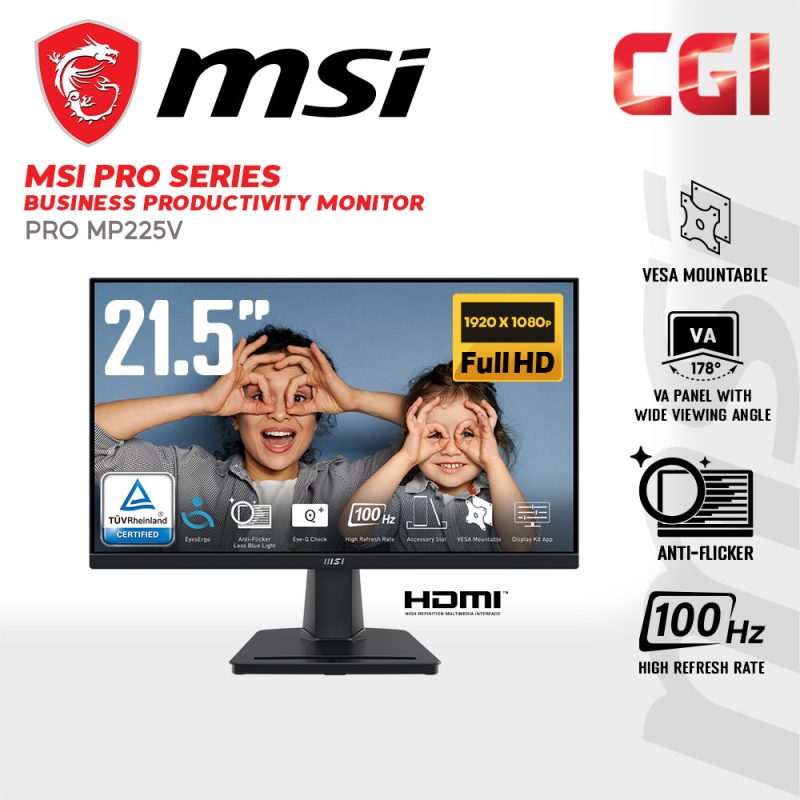 MSI 21.5" Pro MP225V VA FHD Adaptive Sync 100Hz 1ms EyesErgo Business & Productivity Monitor