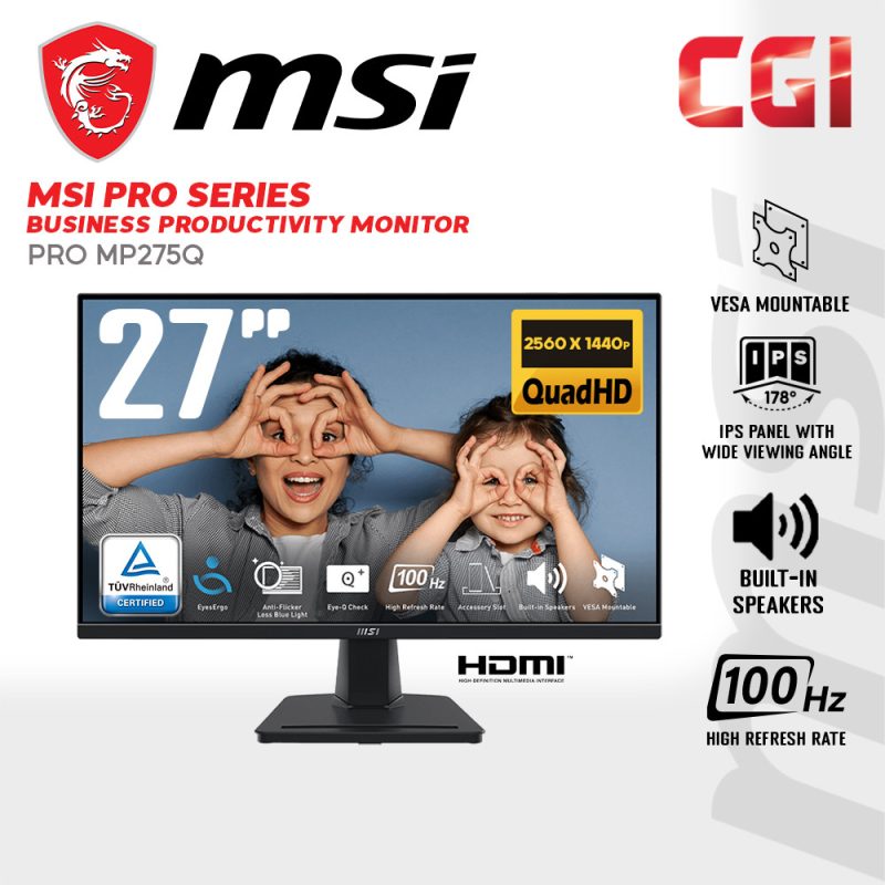 MSI 27" PRO MP275Q IPS WQHD Adaptive Sync 100Hz 1ms Speaker EyesErgo Ergonomic Business & Productivity Monitor