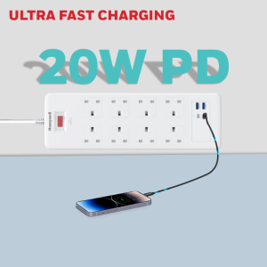 Honeywell 8 Outlet Surge Protector with 2 Type C with PD & 2 USB - HC000054/SRG/1.8M/WHT/8/2U/PD25W/UK