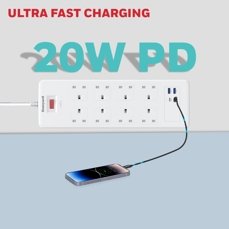 Honeywell 8 Outlet Surge Protector with 2 Type C with PD & 2 USB - HC000054/SRG/1.8M/WHT/8/2U/PD25W/UK