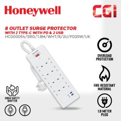 Honeywell 8 Outlet Surge Protector with 2 Type C with PD & 2 USB - HC000054/SRG/1.8M/WHT/8/2U/PD25W/UK