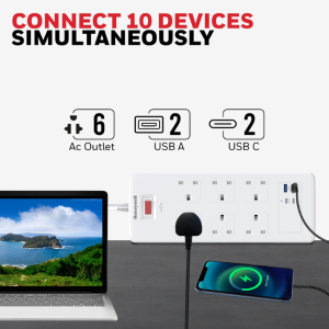 Honeywell 6 Outlet Surge Protector with 2 Type C with PD & 2 USB - HC000049/SRG/1.8M/WHT/6/2U/PD25W/UK