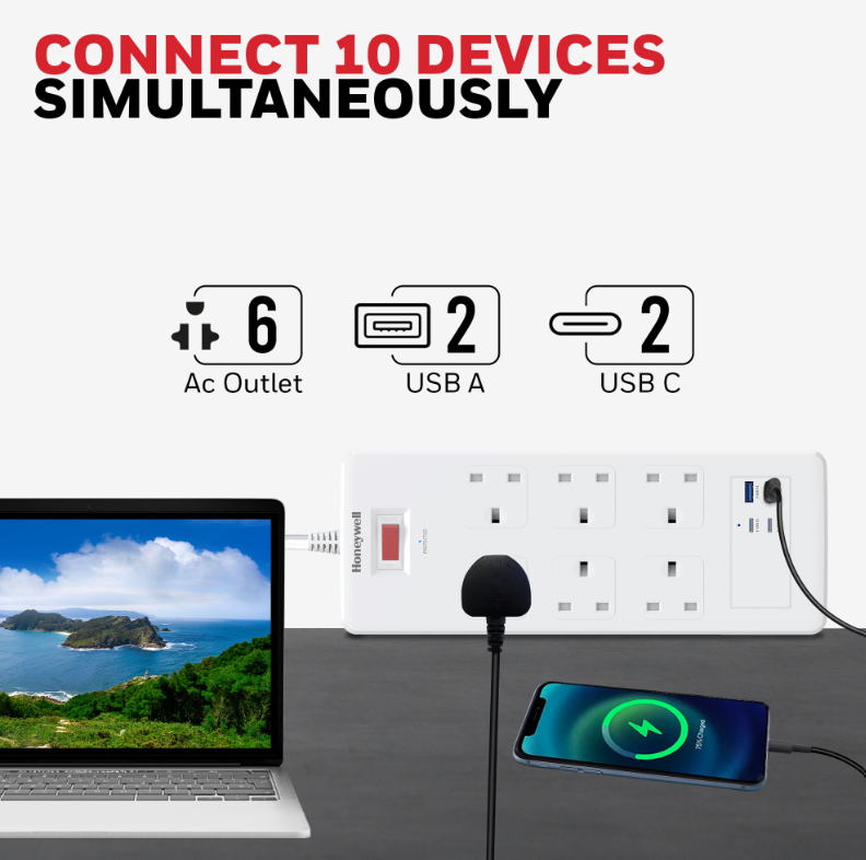 Honeywell 6 Outlet Surge Protector with 2 Type C with PD & 2 USB - HC000049/SRG/1.8M/WHT/6/2U/PD25W/UK