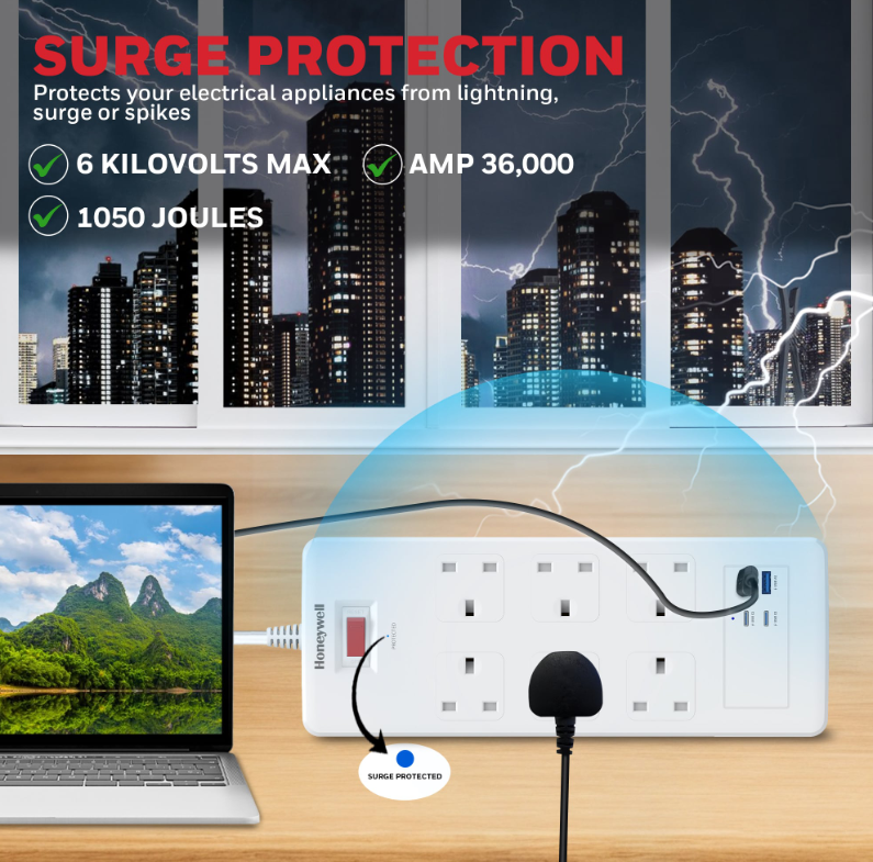 Honeywell 6 Outlet Surge Protector with 2 Type C with PD & 2 USB - HC000049/SRG/1.8M/WHT/6/2U/PD25W/UK