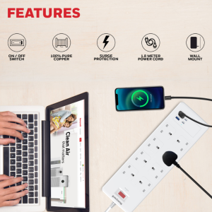 Honeywell 8 Outlet Surge Protector with 2 Type C with PD & 2 USB - HC000054/SRG/1.8M/WHT/8/2U/PD25W/UK