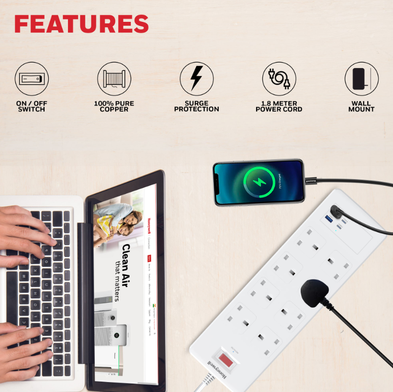 Honeywell 8 Outlet Surge Protector with 2 Type C with PD & 2 USB - HC000054/SRG/1.8M/WHT/8/2U/PD25W/UK