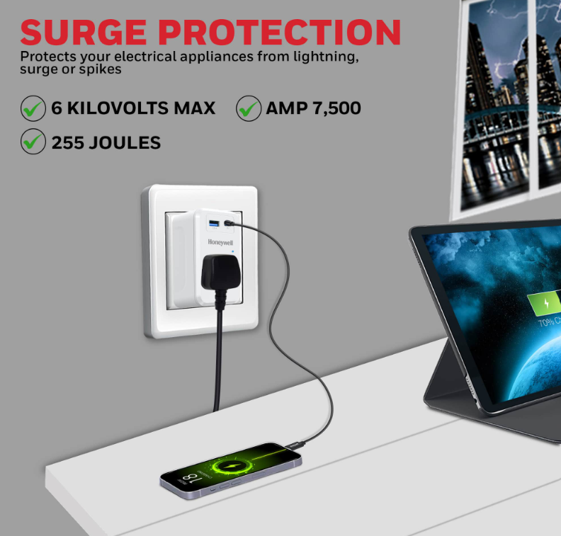 Honeywell 1 Outlet Surge Cube with 1xType C with PD & 1xUSB - HC000034/SRG/WHT/1/1U/PD20W/UK
