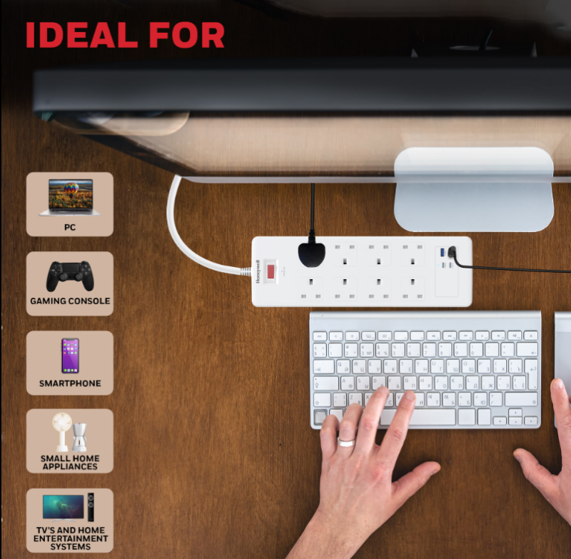 Honeywell 8 Outlet Surge Protector with 2 Type C with PD & 2 USB - HC000054/SRG/1.8M/WHT/8/2U/PD25W/UK