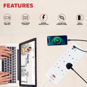 Honeywell 6 Outlet Surge Protector with 2 Type C with PD & 2 USB - HC000049/SRG/1.8M/WHT/6/2U/PD25W/UK