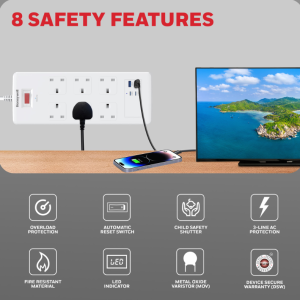 Honeywell 6 Outlet Surge Protector with 2 Type C with PD & 2 USB - HC000049/SRG/1.8M/WHT/6/2U/PD25W/UK