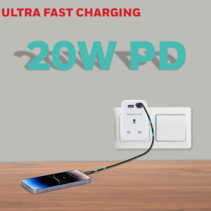 Honeywell 1 Outlet Surge Cube with 1xType C with PD & 1xUSB - HC000034/SRG/WHT/1/1U/PD20W/UK
