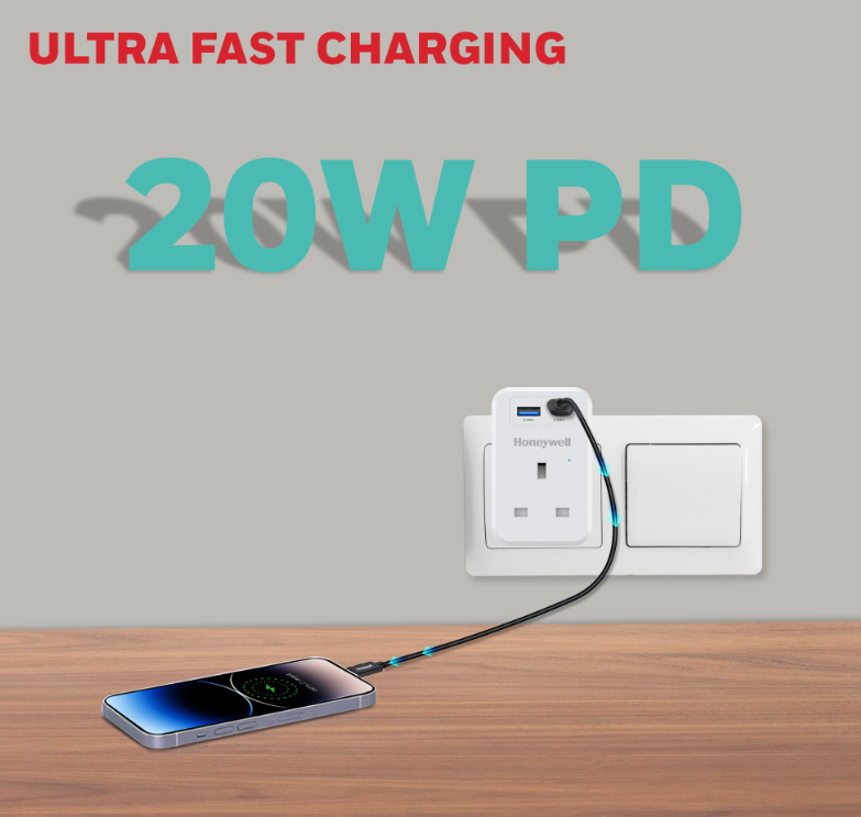 Honeywell 1 Outlet Surge Cube with 1xType C with PD & 1xUSB - HC000034/SRG/WHT/1/1U/PD20W/UK