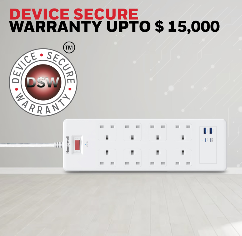 Honeywell 8 Outlet Surge Protector with 2 Type C with PD & 2 USB - HC000054/SRG/1.8M/WHT/8/2U/PD25W/UK