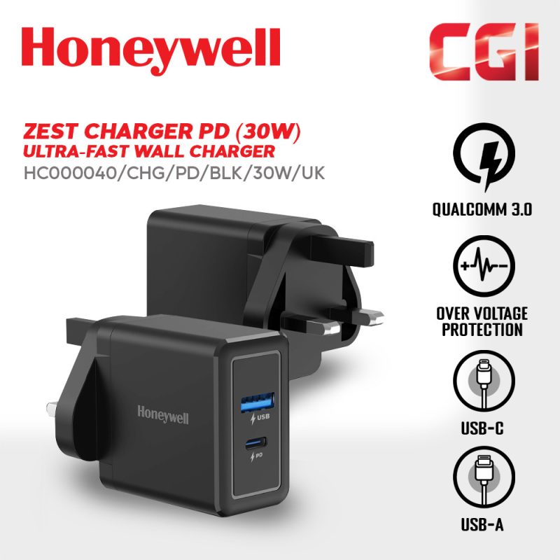 Honeywell Zest Charger PD 30W Ultra-Fast Charger Wall Charger (Black) - HC000040/CHG/PD/BLK/30W/UK
