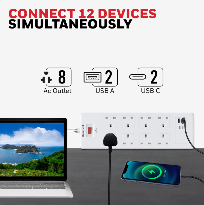 Honeywell 8 Outlet Surge Protector with 2 Type C with PD & 2 USB - HC000054/SRG/1.8M/WHT/8/2U/PD25W/UK