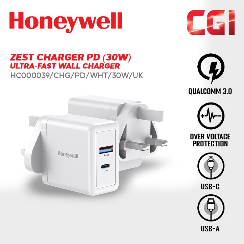 Honeywell Zest Charger PD 30W Ultra-Fast Charger Wall Charger (White) - HC000039/CHG/PD/WHT/30W/UK