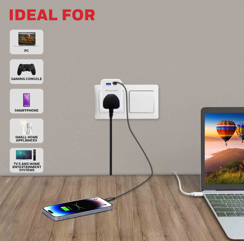 Honeywell 1 Outlet Surge Cube with 1xType C with PD & 1xUSB - HC000034/SRG/WHT/1/1U/PD20W/UK