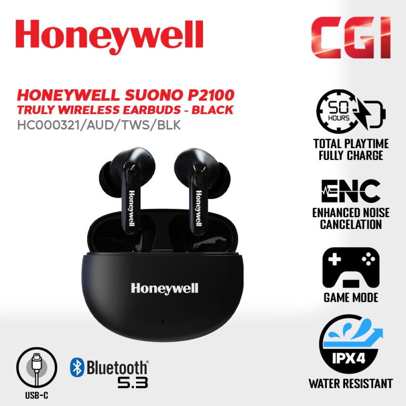 Honeywell Suono P2100 Truly Wireless Earbuds (Black) - HC000321/AUD/TWS/BLK