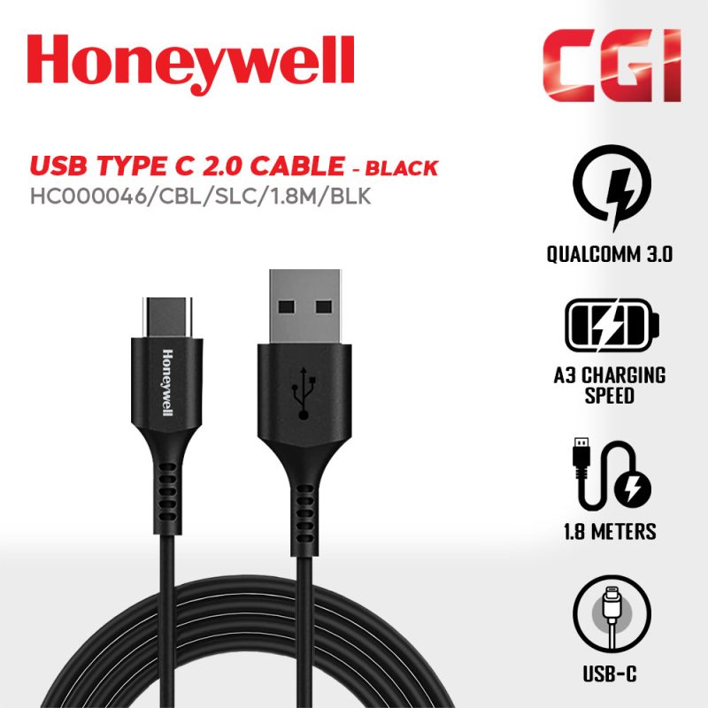 Honeywell USB 2.0 to Type-C Cable Cable 1.8 Metre (Black) - HC000046/CBL/SLC/1.8M/BLK