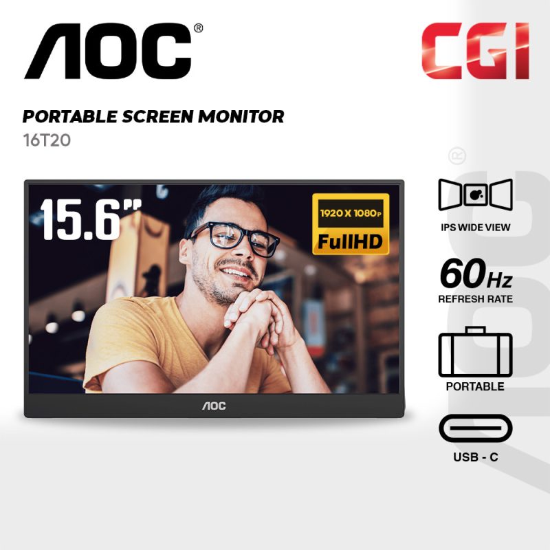 AOC 15.6" 16T20 IPS FHD 60Hz Build-In Speaker USB-C Smart Cover Portable Monitor