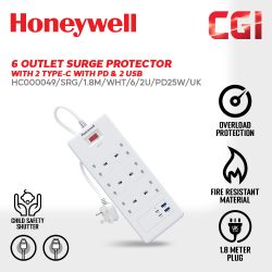 Honeywell 6 Outlet Surge Protector with 2 Type C with PD & 2 USB - HC000049/SRG/1.8M/WHT/6/2U/PD25W/UK