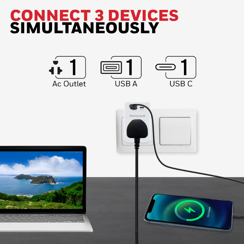 Honeywell 1 Outlet Surge Cube with 1xType C with PD & 1xUSB - HC000034/SRG/WHT/1/1U/PD20W/UK