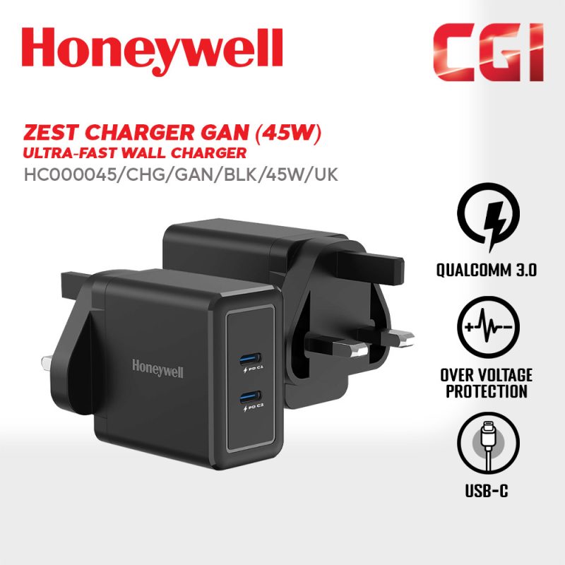 Honeywell Zest Charger GAN 45W Ultra-Fast Wall Charger (Black) - HC000045/CHG/GAN/BLK/45W/UK