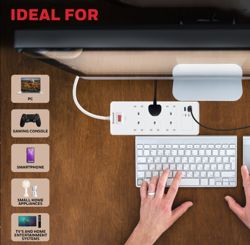 Honeywell 6 Outlet Surge Protector with 2 Type C with PD & 2 USB - HC000049/SRG/1.8M/WHT/6/2U/PD25W/UK