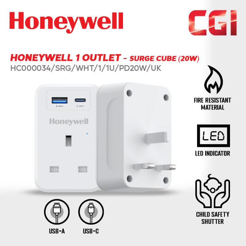 Honeywell 1 Outlet Surge Cube with 1xType C with PD & 1xUSB - HC000034/SRG/WHT/1/1U/PD20W/UK
