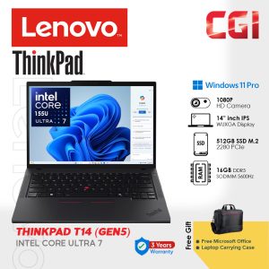 Lenovo 14" Thinkpad T14 Gen 5 Laptop  ULTRA 7 155U 16GB DDR5 512GB WUXGA IPS Win11Pro 3Y Premier Support with Office