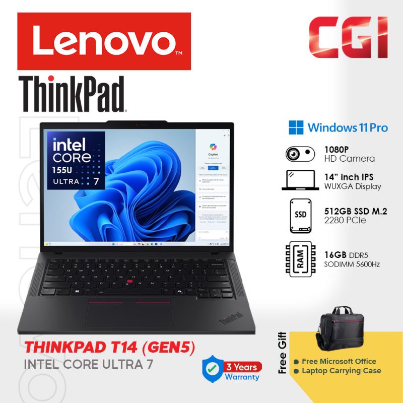Lenovo 14" Thinkpad T14 Gen 5 Laptop  ULTRA 7 155U 16GB DDR5 512GB WUXGA IPS Win11Pro 3Y Premier Support with Office